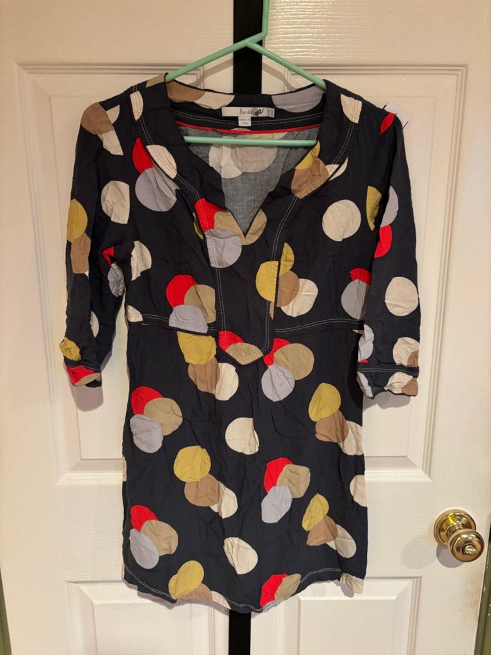 Boden Navy Mini Dress with Red, Yellow, Tan and Cream Polka Dots